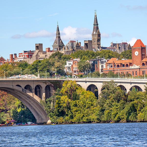 Key Bridge Potomac River Georgetown University Washington DC from Roosevelt Island.  Completed in 1923 this is the oldest bridge in Washington DC.