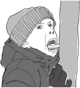 child with his tongue on a flagpole