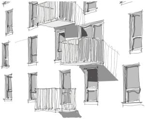 illustration showing cantilevered balconies on an apartment building